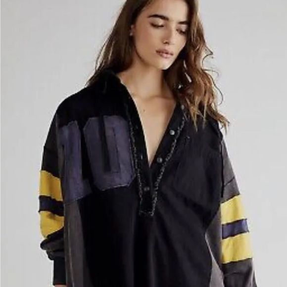 Free People Tops - Free People Varsity Graphic HoodedOversize Letter Embroidery Piecing Raw Rounded